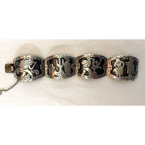 Vintage 4- panel STERLING SILVER bracelet Mexico‎ Southwestern traditional EUC